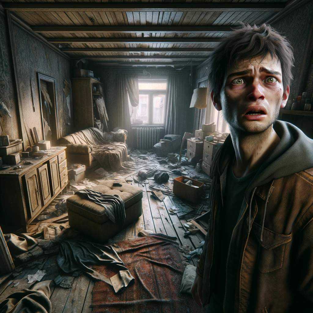 DALL·E 2024-01-07 18.28.14 - A photorealistic image of a young man in a neglected, dirty house...jpg