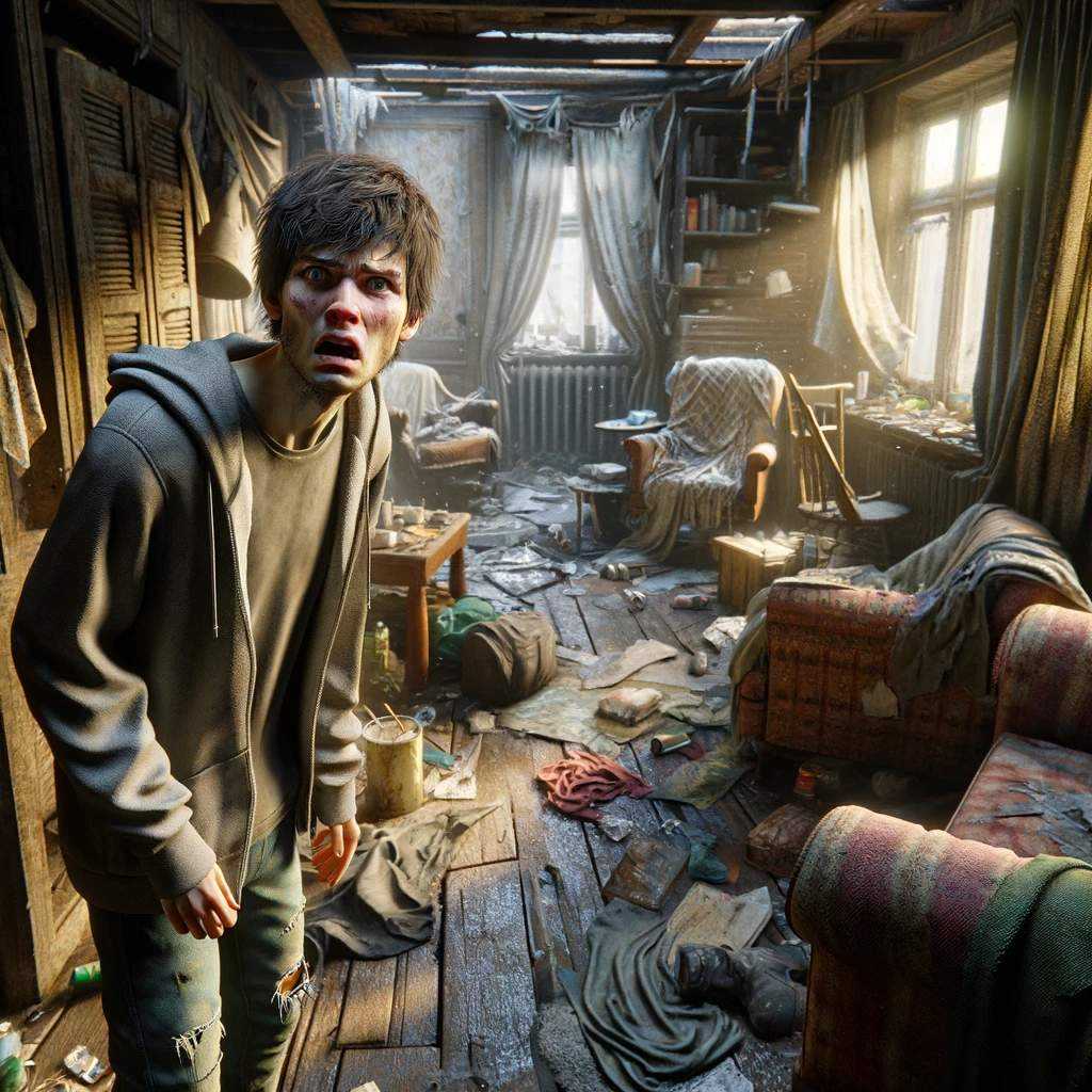 DALL·E 2024-01-07 18.28.21 - A photorealistic image of a young man in a neglected, dirty house...jpg