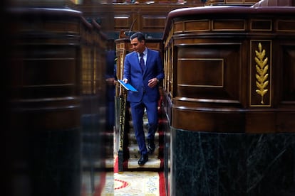 El presidente del Gobierno, Pedro Sánchez, tras intervenir en el pleno monográfico sobre caso 'Pegasus' en la Cámara baja.