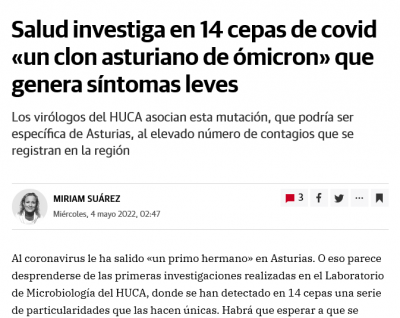 Salud investiga en 14 cepas de el bichito «un clon asturiano de ómicron» que genera síntomas leves ...png