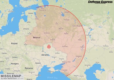 Área de cobertura de un posible ataque con misiles ucranianos con un alcance de 1.000 km