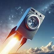 Un cohete que parece una lavadora volando por el cielo. Imagen 1 de 4