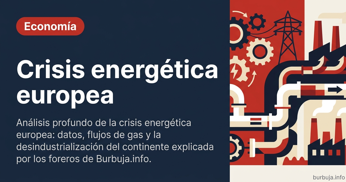 Ilustración editorial de un gasoducto partido frente a fábricas apagadas, con gráficos descendentes en azul y dorado