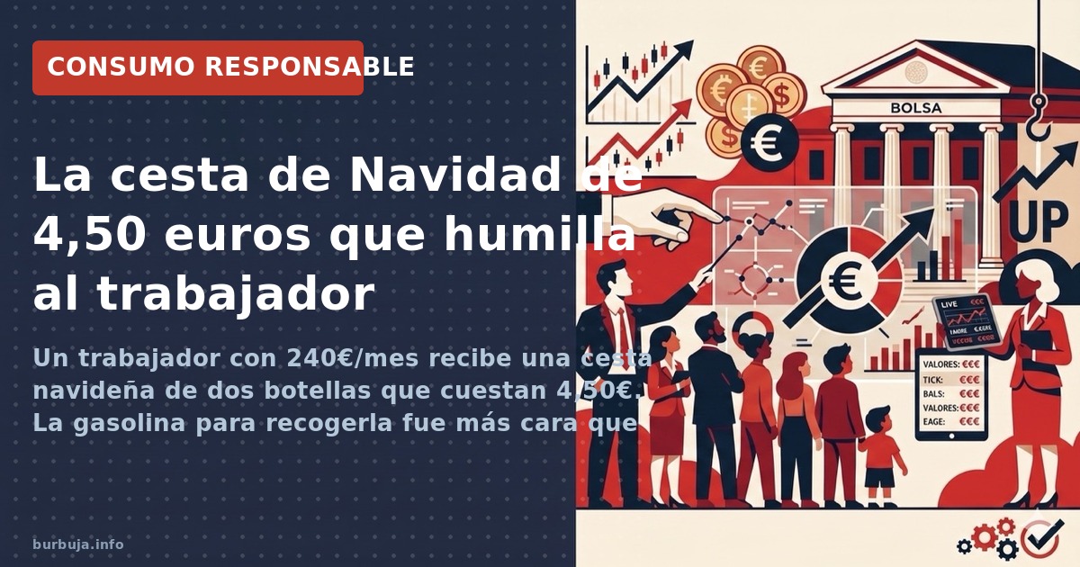 Un trabajador con 240€/mes recibe una cesta navideña de dos botellas que cuestan 4,50€. La gasolina para recogerla fue más ca