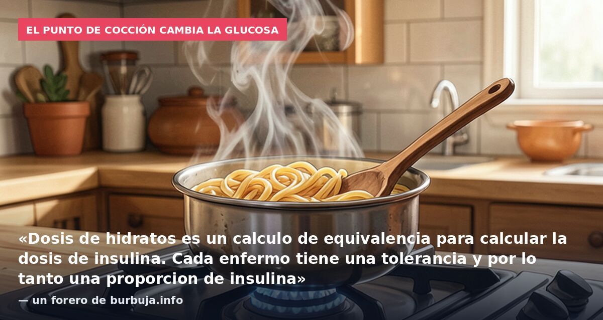 El punto de cocción cambia la glucosa: «Dosis de hidratos es un calculo de equivalencia para calcular la dosis de insulina. Cada enfermo tiene una tolerancia y por lo tanto una proporcion de insulina» — un forero de burbuja.info