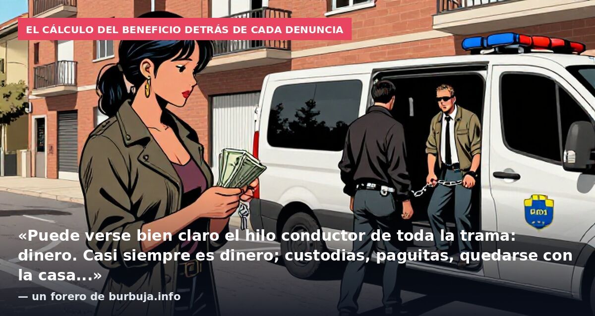 El cálculo del beneficio detrás de cada denuncia: «Puede verse bien claro el hilo conductor de toda la trama: dinero. Casi siempre es dinero; custodias, paguitas, quedarse con la casa...» — un forero de burbuja.info