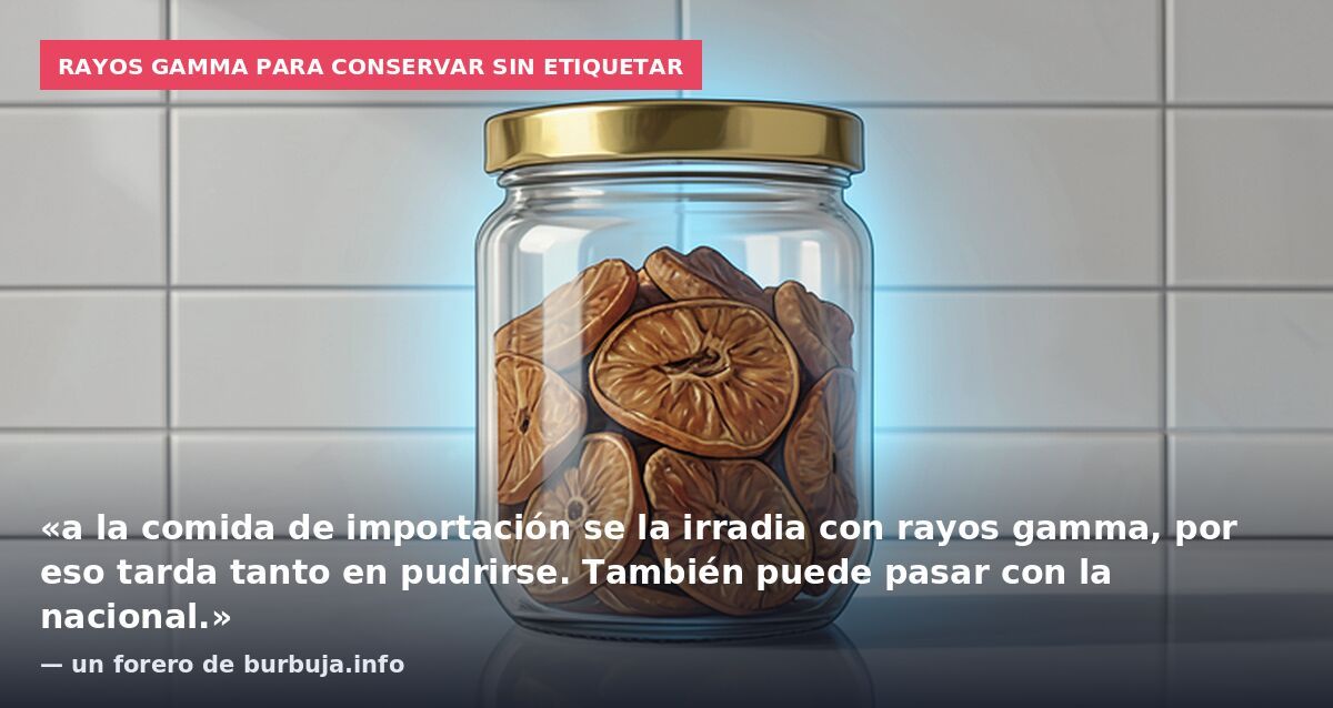 Rayos gamma para conservar sin etiquetar: «a la comida de importación se la irradia con rayos gamma, por eso tarda tanto en pudrirse. También puede pasar con la nacional.» — un forero de burbuja.info