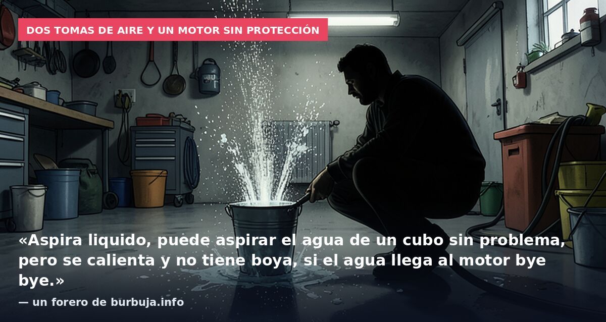 Dos tomas de aire y un motor sin protección: «Aspira liquido, puede aspirar el agua de un cubo sin problema, pero se calienta y no tiene boya, si el agua llega al motor bye bye.» — un forero de burbuja.info