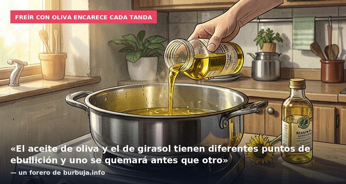 Freír con oliva encarece cada tanda: «El aceite de oliva y el de girasol tienen diferentes puntos de ebullición y uno se quemará antes que otro» — un forero de burbuja.info