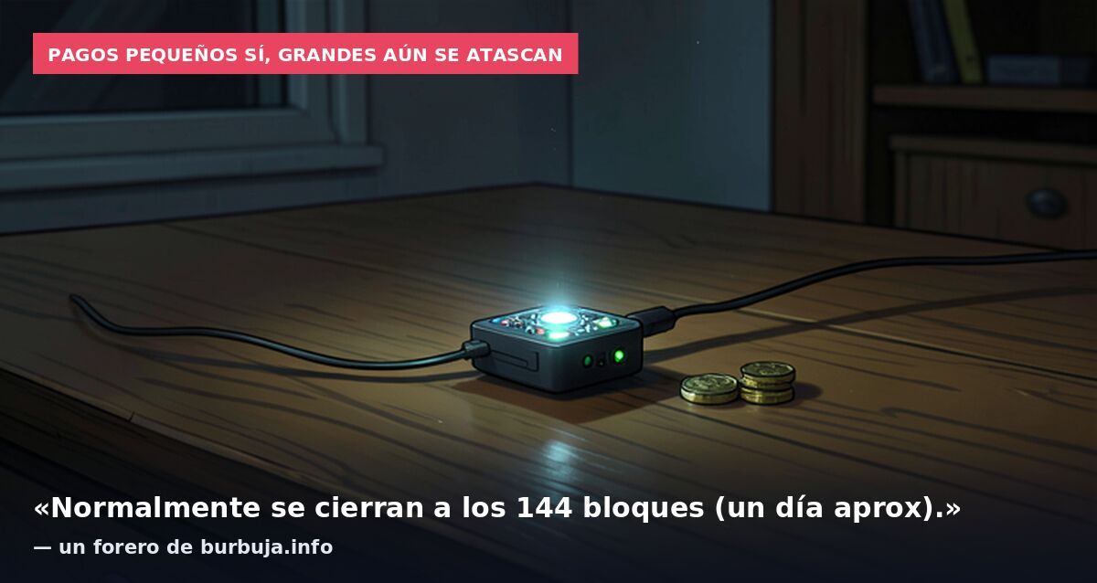 Pagos pequeños sí, grandes aún se atascan: «Normalmente se cierran a los 144 bloques (un día aprox).» — un forero de burbuja.info