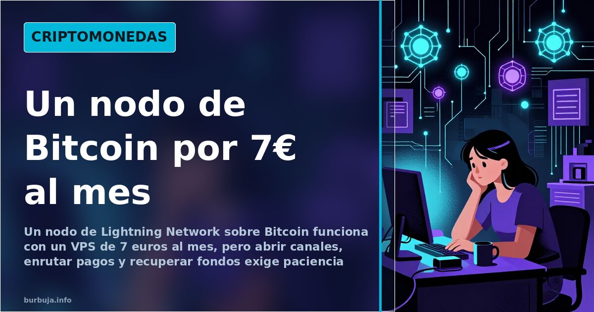 Ilustración de un nodo de Lightning Network con canales de pago brillando en neón cian y violeta sobre la red de Bitcoin