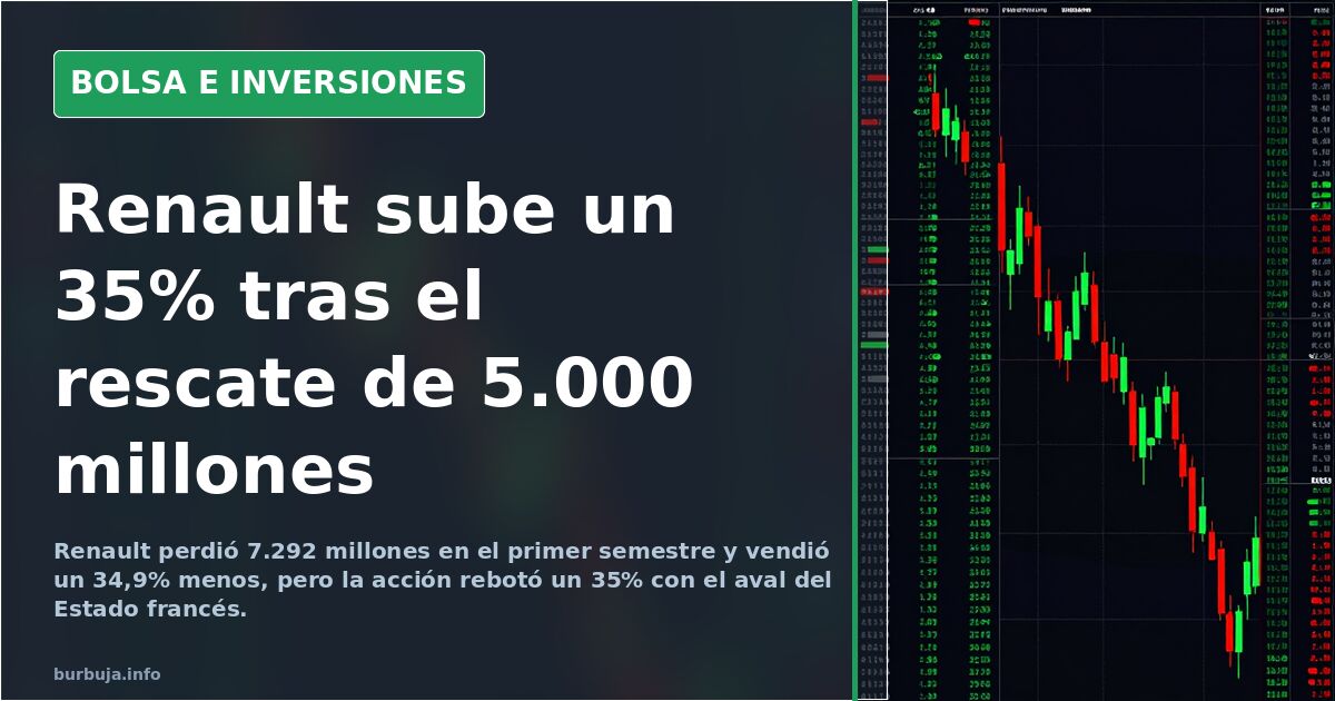 Gráfico de velas japonesas en una pantalla oscura que muestra el rebote de las acciones de Renault tras el préstamo estatal