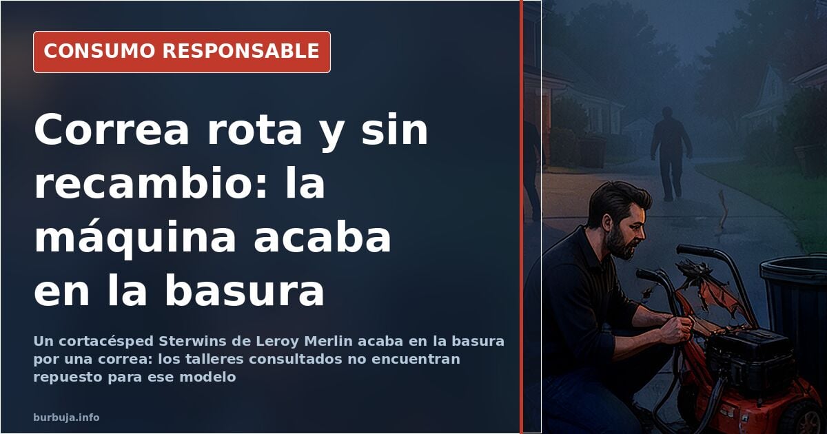 Cortacésped eléctrico Sterwins de Leroy Merlin abierto, con la correa de transmisión rota junto a la carcasa