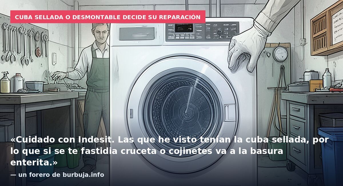 Cuba sellada o desmontable decide su reparación: «Cuidado con Indesit. Las que he visto tenían la cuba sellada, por lo que si se te fastidia cruceta o cojinetes va a la basura enterita.» — un forero de burbuja.info
