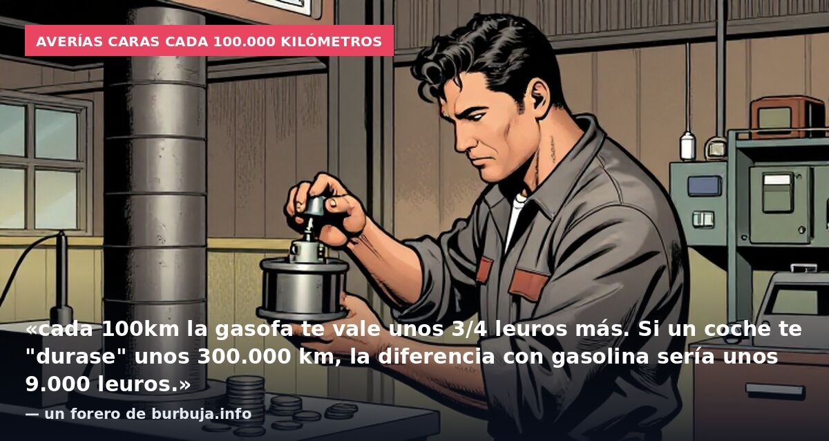 Averías caras cada 100.000 kilómetros: «cada 100km la gasofa te vale unos 3/4 leuros más. Si un coche te "durase" unos 300.000 km, la diferencia con gasolina sería unos 9.000 leuros.» — un forero de burbuja.info