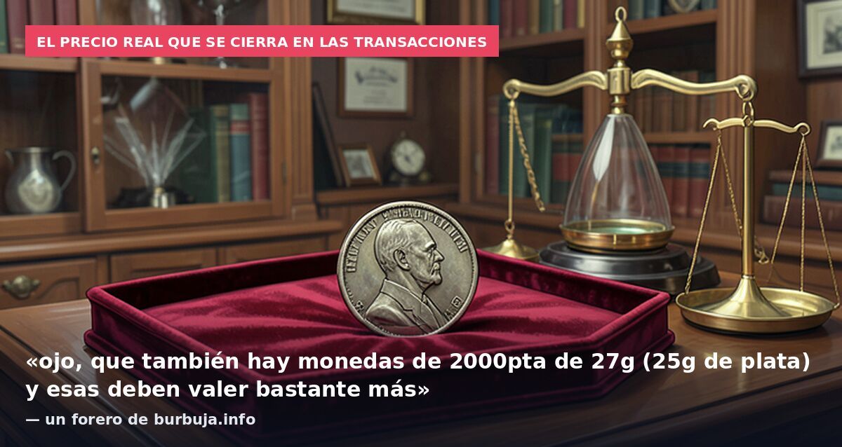 El precio real que se cierra en las transacciones: «ojo, que también hay monedas de 2000pta de 27g (25g de plata) y esas deben valer bastante más» — un forero de burbuja.info