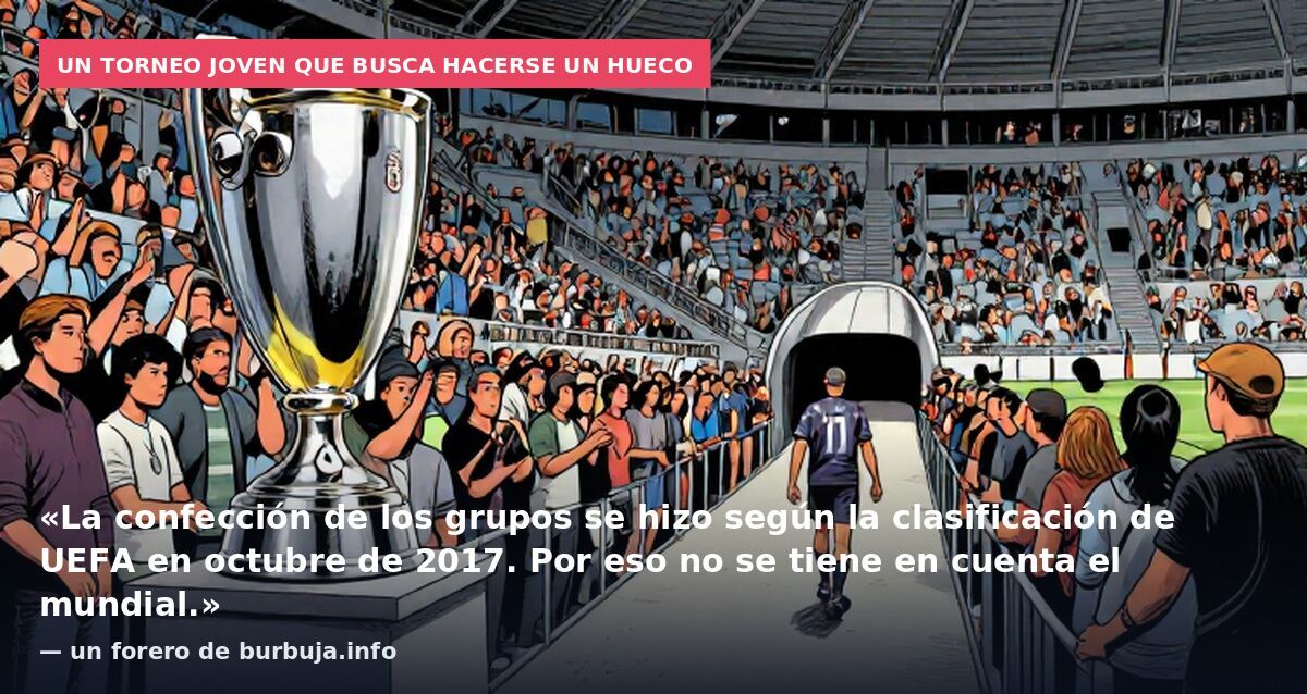 Un torneo joven que busca hacerse un hueco: «La confección de los grupos se hizo según la clasificación de UEFA en octubre de 2017. Por eso no se tiene en cuenta el mundial.» — un forero de burbuja.info
