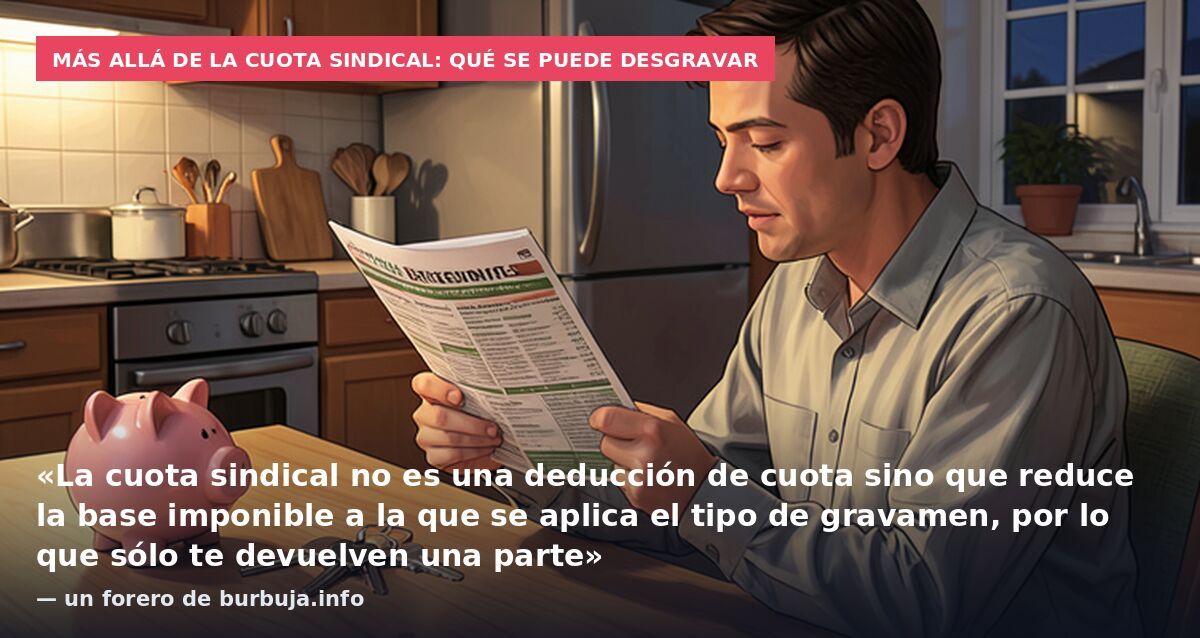 Más allá de la cuota sindical: qué se puede desgravar: «La cuota sindical no es una deducción de cuota sino que reduce la base imponible a la que se aplica el tipo de gravamen, por lo que sólo te devuelven una parte» — un forero de burbuja.info