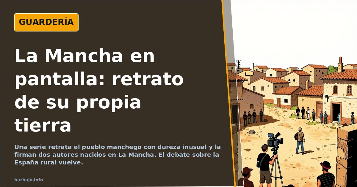 Ilustración de un pueblo de La Mancha con calles vacías y molinos al fondo bajo un cielo amplio