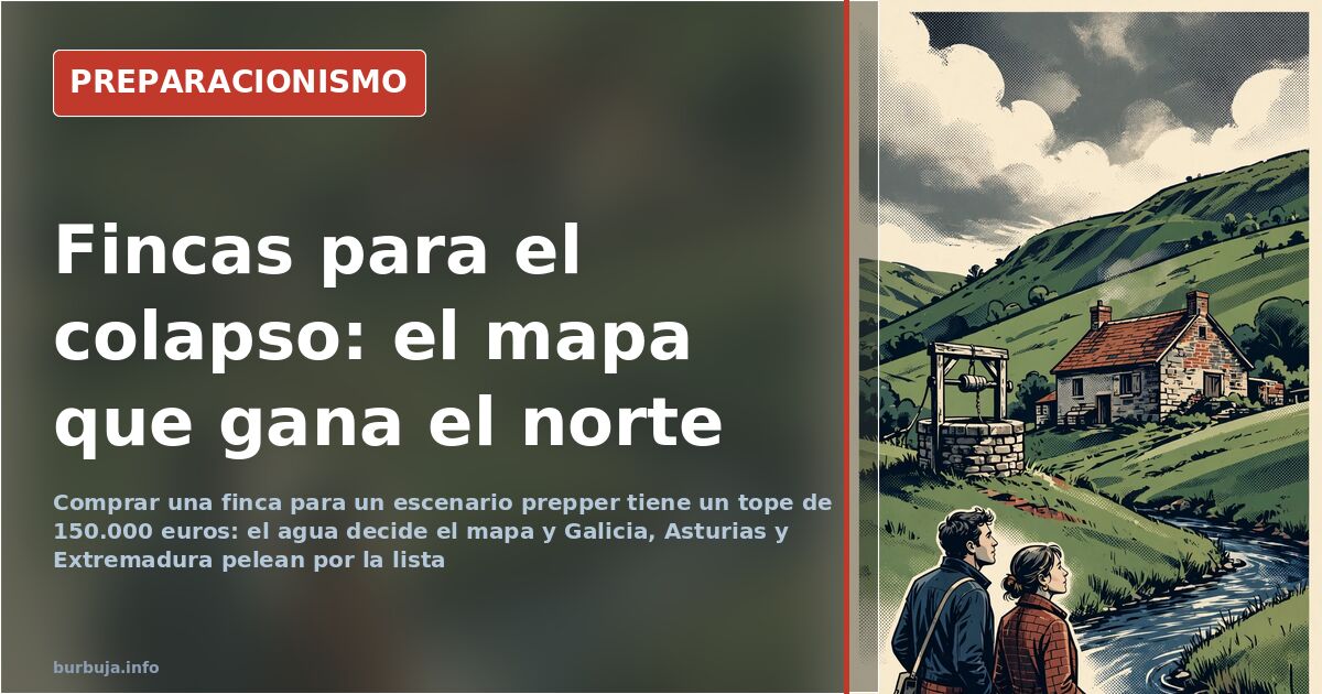 Finca rústica con casa de piedra y terreno cultivable en una zona rural del norte de España rodeada de montañas y niebla