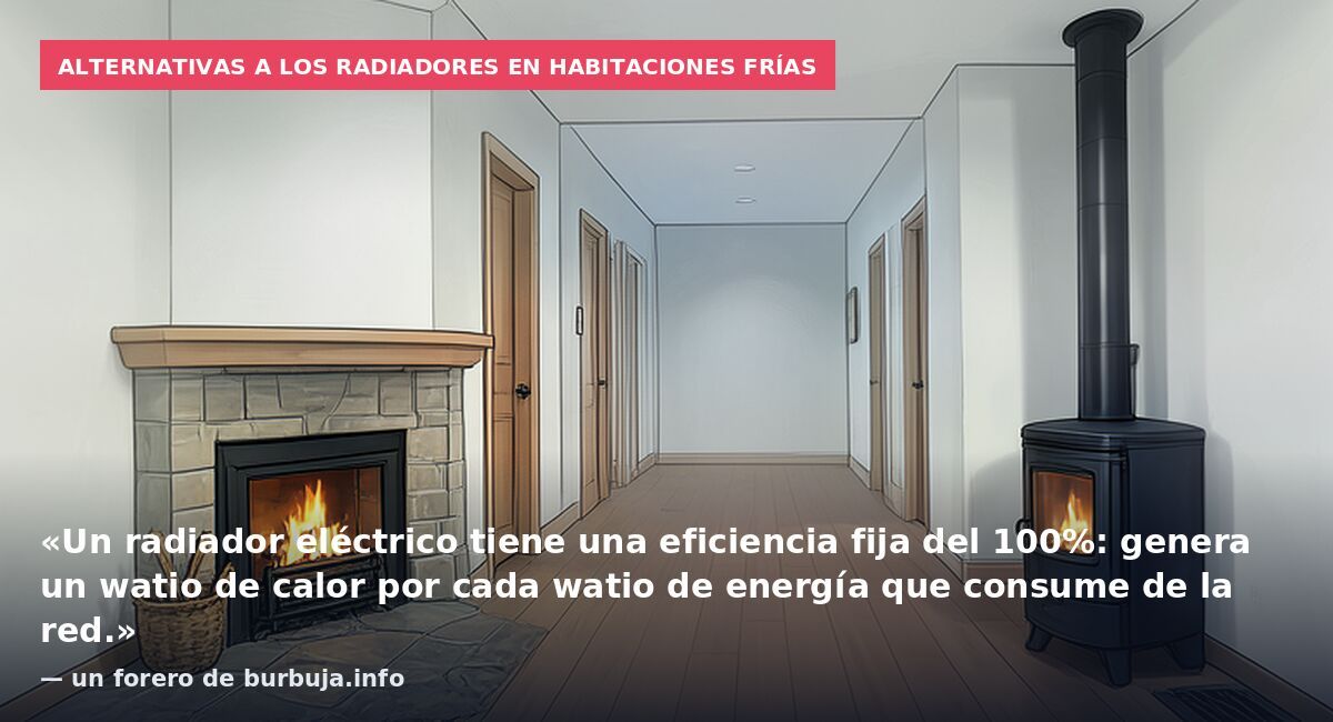 Alternativas a los radiadores en habitaciones frías: «Un radiador eléctrico tiene una eficiencia fija del 100%: genera un watio de calor por cada watio de energía que consume de la red.» — un forero de burbuja.info