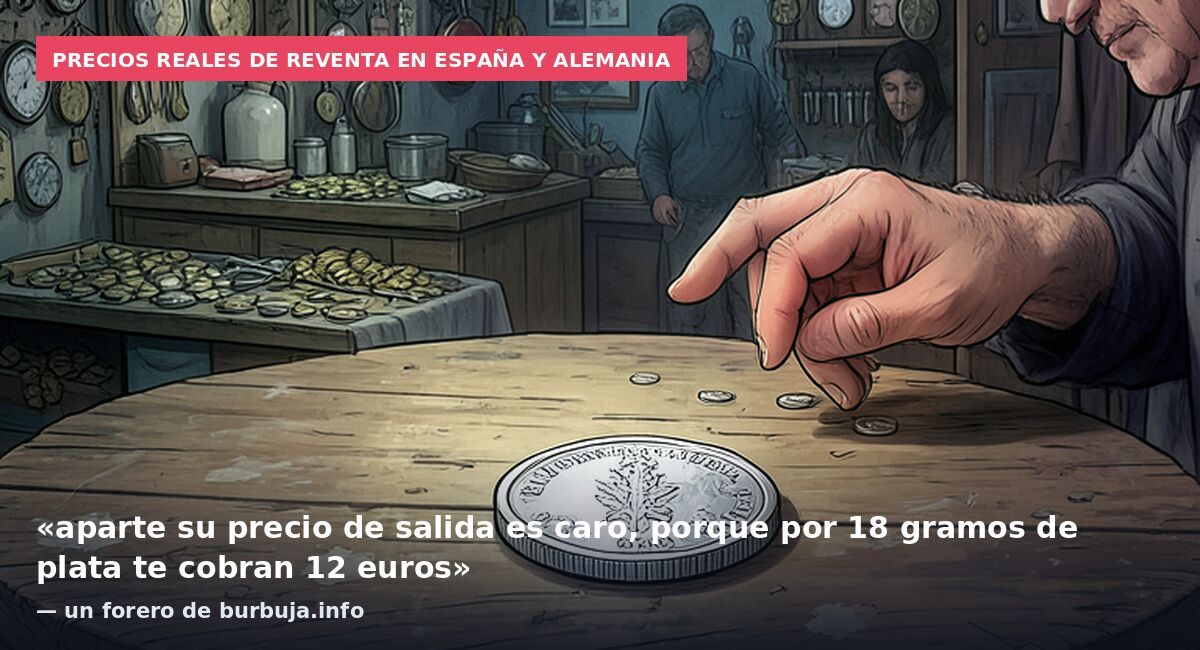 Precios reales de reventa en España y Alemania: «aparte su precio de salida es caro, porque por 18 gramos de plata te cobran 12 euros» — un forero de burbuja.info