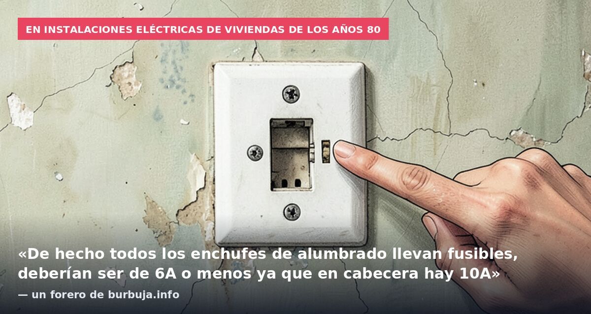 En instalaciones eléctricas de viviendas de los años 80: «De hecho todos los enchufes de alumbrado llevan fusibles, deberían ser de 6A o menos ya que en cabecera hay 10A» — un forero de burbuja.info