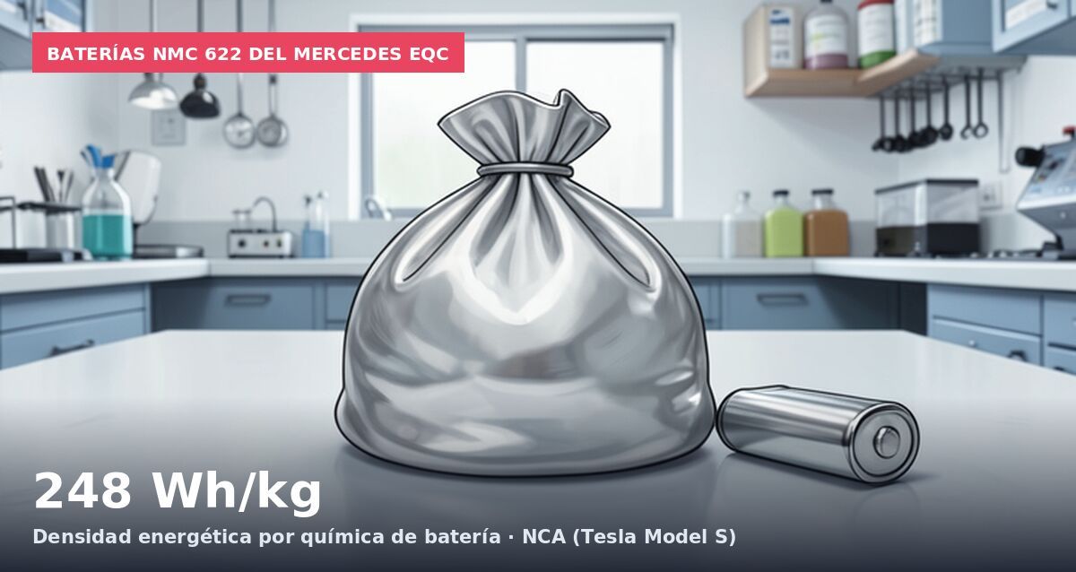 Baterías NMC 622 del Mercedes EQC: 248 Wh/kg Densidad energética por química de batería · NCA (Tesla Model S)