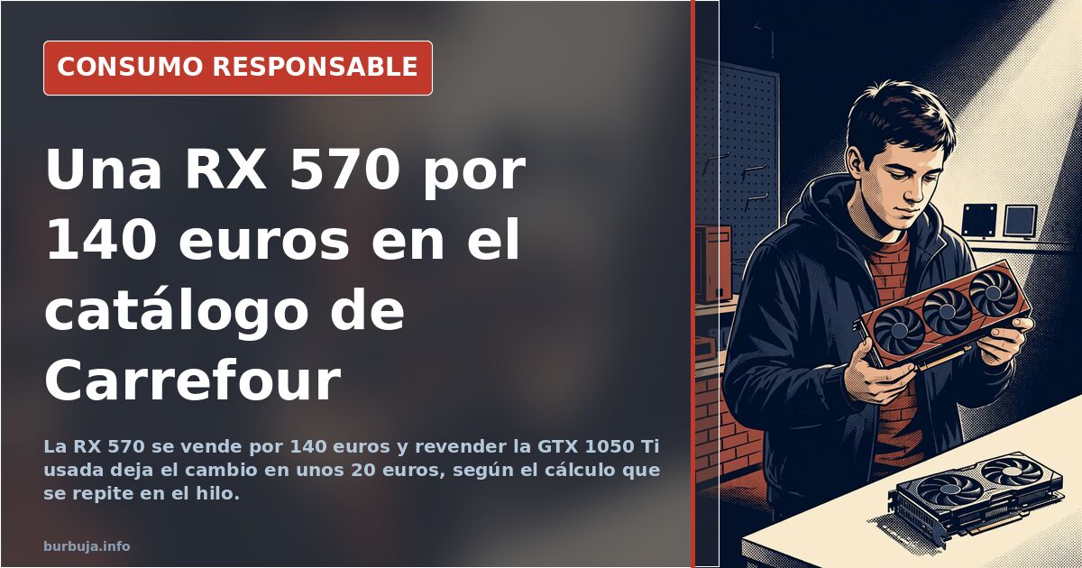 Tarjeta gráfica RX 570 de perfil con conector de alimentación y ventilador, comparada con una GTX 1050 Ti en una caja compact