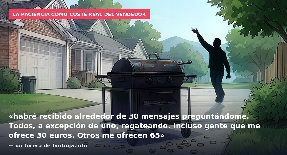 La paciencia como coste real del vendedor: «habré recibido alrededor de 30 mensajes preguntándome. Todos, a excepción de uno, regateando. Incluso gente que me ofrece 30 euros. Otros me ofrecen 65» — un forero de burbuja.info