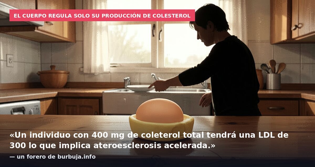 El cuerpo regula solo su producción de colesterol: «Un individuo con 400 mg de coleterol total tendrá una LDL de 300 lo que implica ateroesclerosis acelerada.» — un forero de burbuja.info