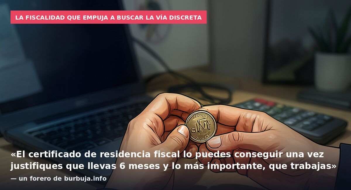 La fiscalidad que empuja a buscar la vía discreta: «El certificado de residencia fiscal lo puedes conseguir una vez justifiques que llevas 6 meses y lo más importante, que trabajas» — un forero de burbuja.info