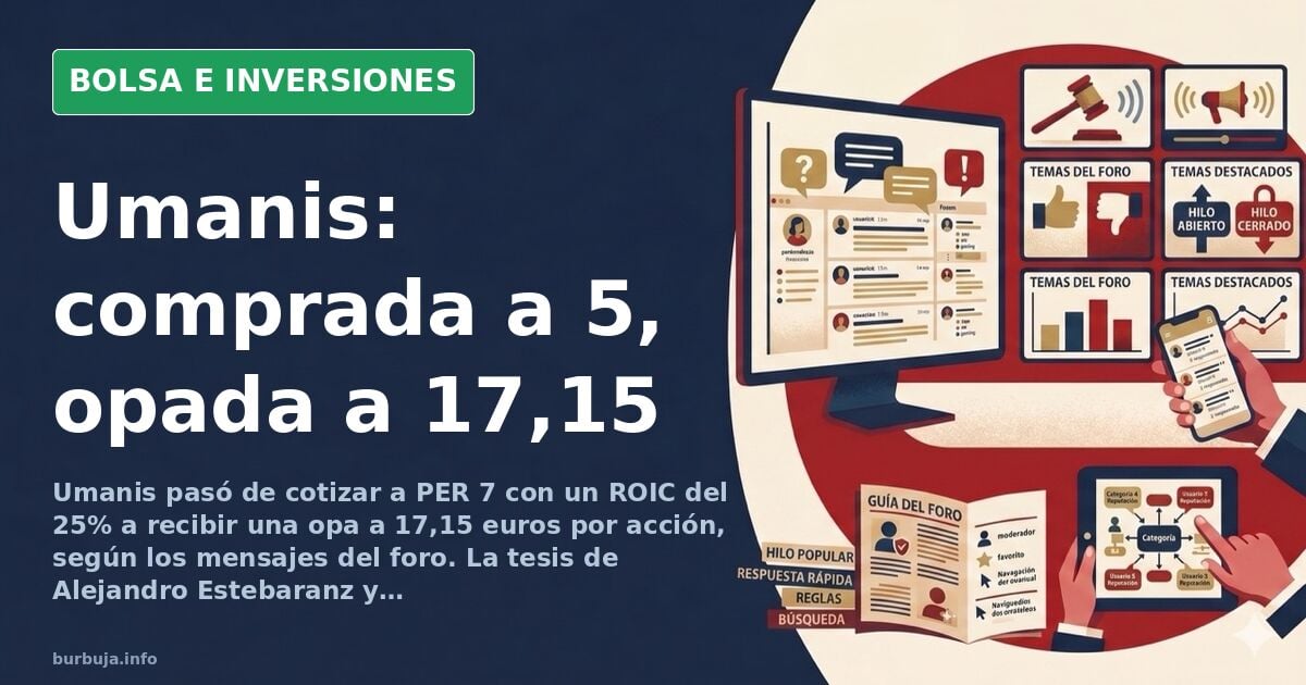 Gráfico de velas japonesas mostrando la evolución bursátil de Umanis desde precios de 5 euros hasta la opa a 17,15 euros