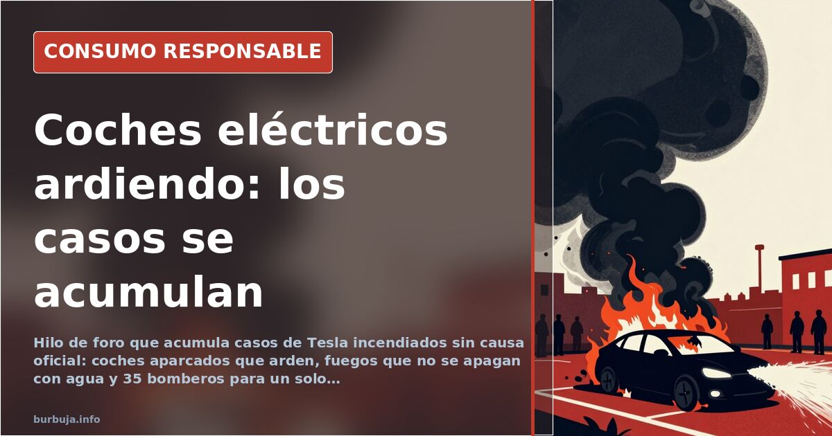 Coche eléctrico Tesla ardiendo en un aparcamiento con llamas visibles y humo denso