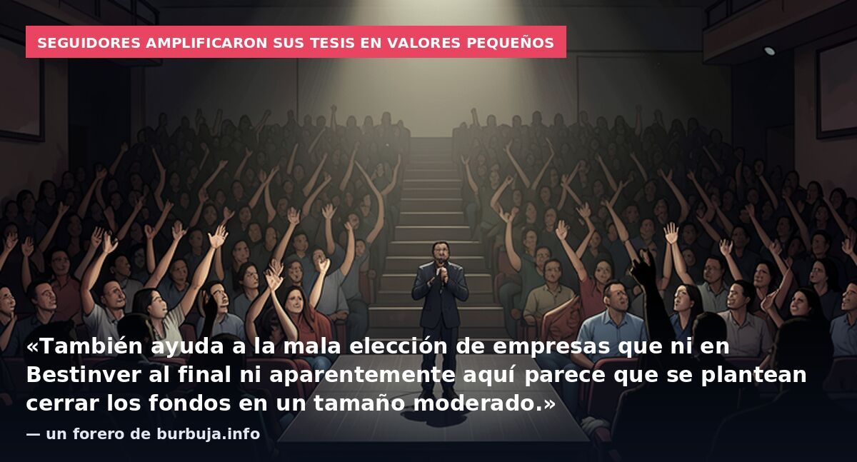 Seguidores amplificaron sus tesis en valores pequeños: «También ayuda a la mala elección de empresas que ni en Bestinver al final ni aparentemente aquí parece que se plantean cerrar los fondos en un tamaño moderado.» — un forero de burbuja.info