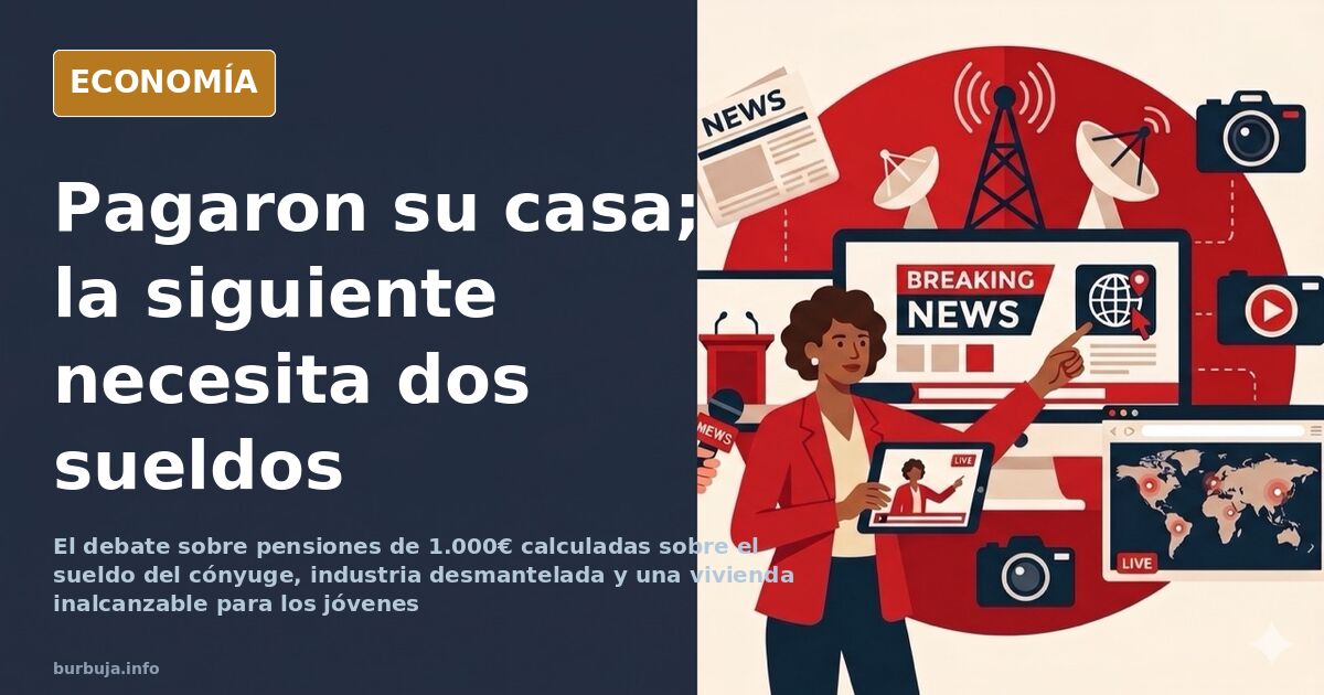 Ilustración editorial de dos grupos generacionales repartiéndose una tarta económica desigual sobre mesa de despacho