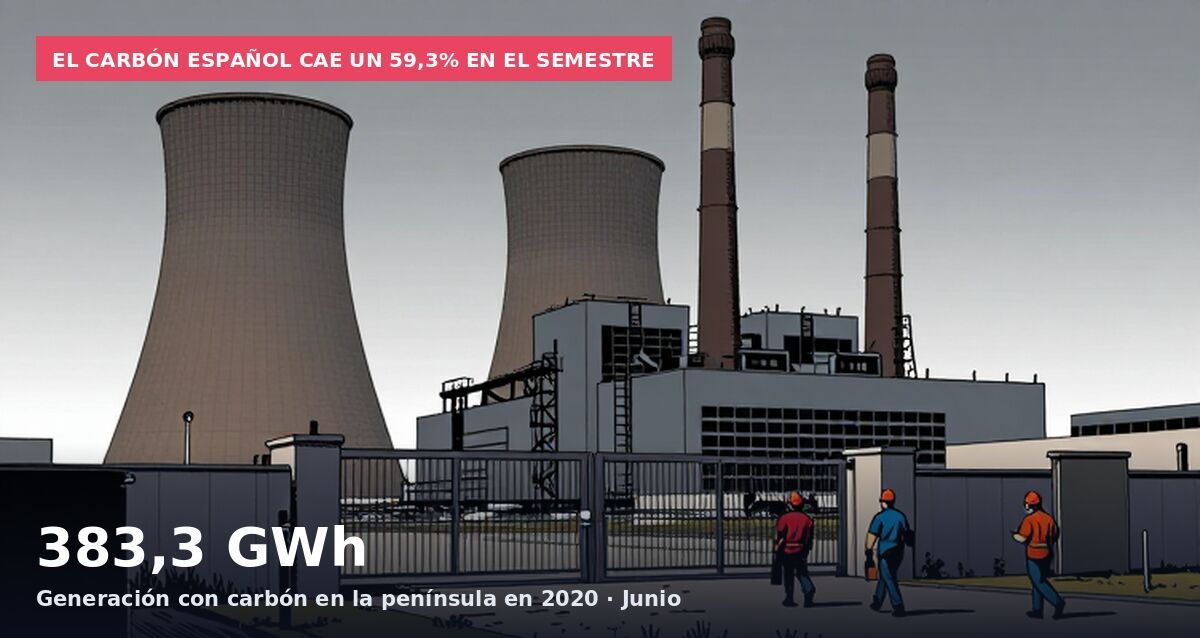 El carbón español cae un 59,3% en el semestre: 383,3 GWh Generación con carbón en la península en 2020 · Junio