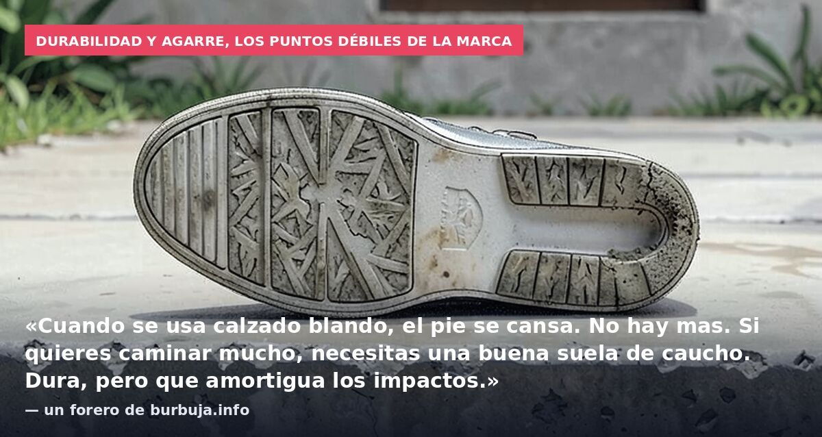 Durabilidad y agarre, los puntos débiles de la marca: «Cuando se usa calzado blando, el pie se cansa. No hay mas. Si quieres caminar mucho, necesitas una buena suela de caucho. Dura, pero que amortigua los impactos.» — un forero de burbuja.info