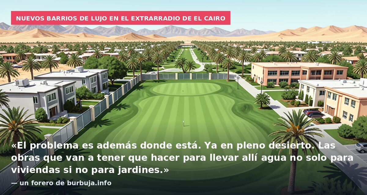 Nuevos barrios de lujo en el extrarradio de El Cairo: «El problema es además donde está. Ya en pleno desierto. Las obras que van a tener que hacer para llevar allí agua no solo para viviendas si no para jardines.» — un forero de burbuja.info