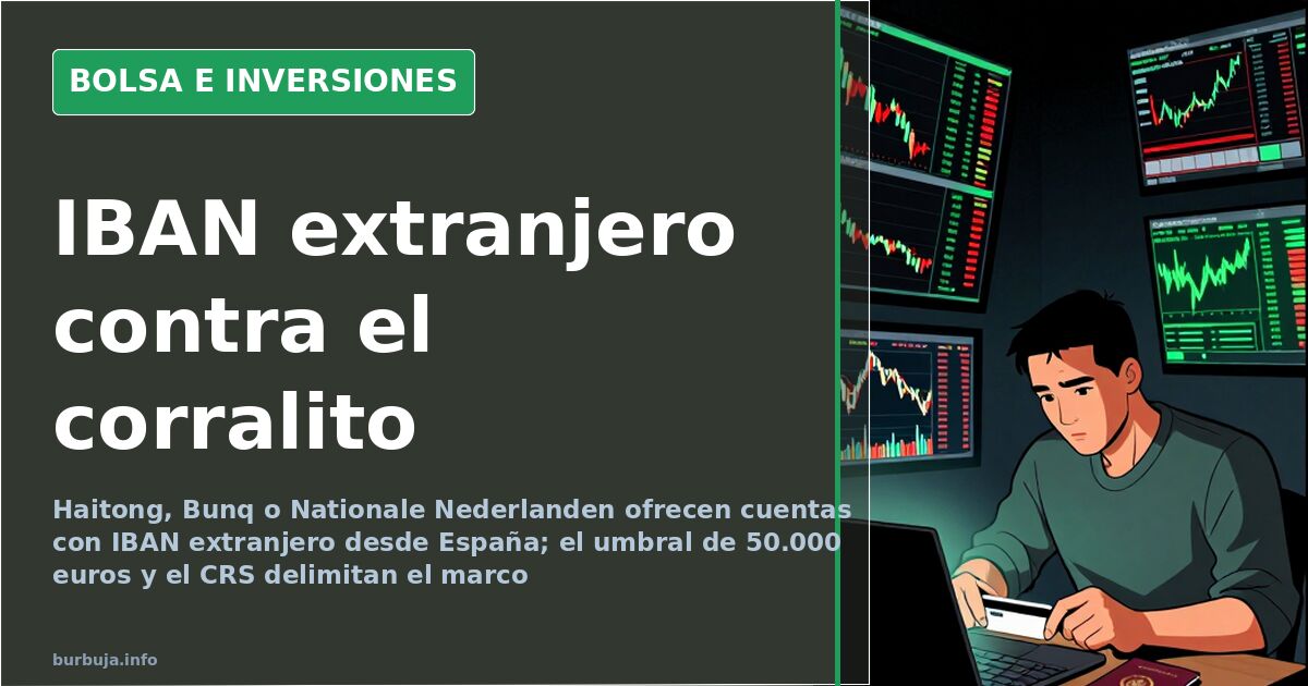 Terminal financiera con gráficos de velas verdes y rojos sobre fondo oscuro, imagen de cuentas bancarias en el extranjero y f