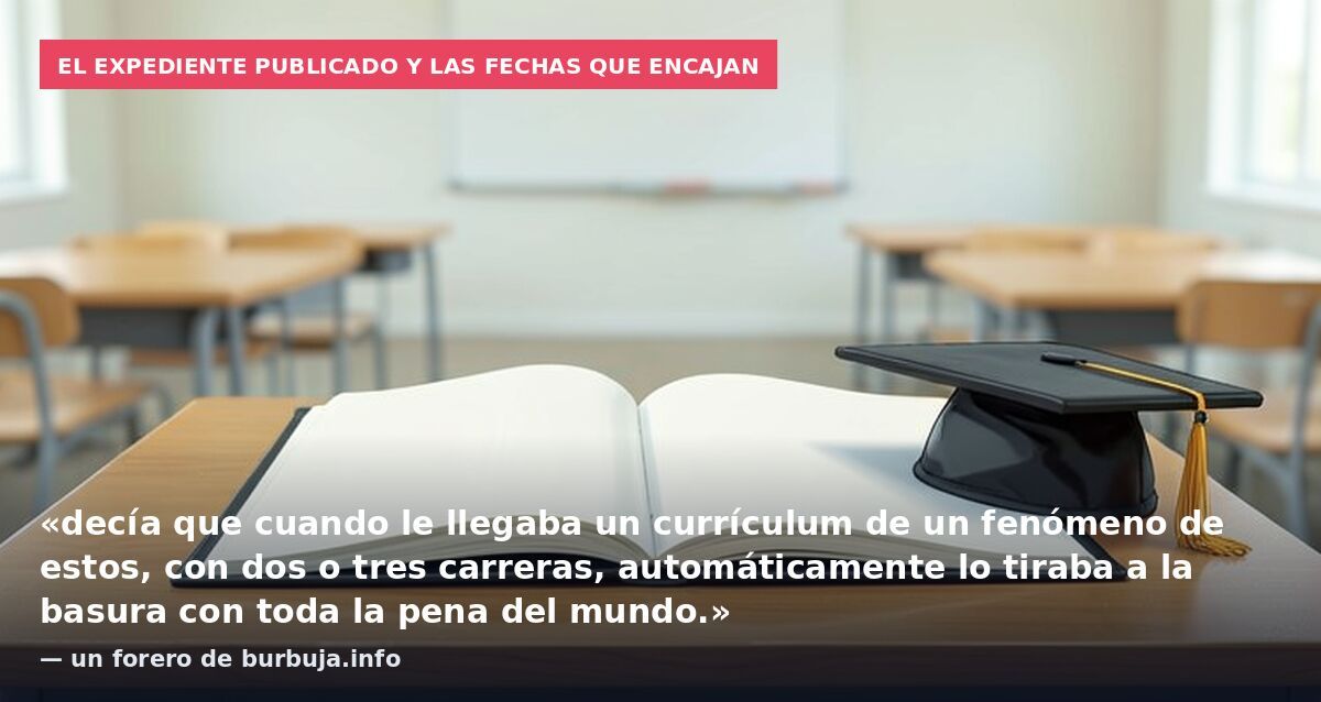 El expediente publicado y las fechas que encajan: «decía que cuando le llegaba un currículum de un fenómeno de estos, con dos o tres carreras, automáticamente lo tiraba a la basura con toda la pena del mundo.» — un forero de burbuja.info