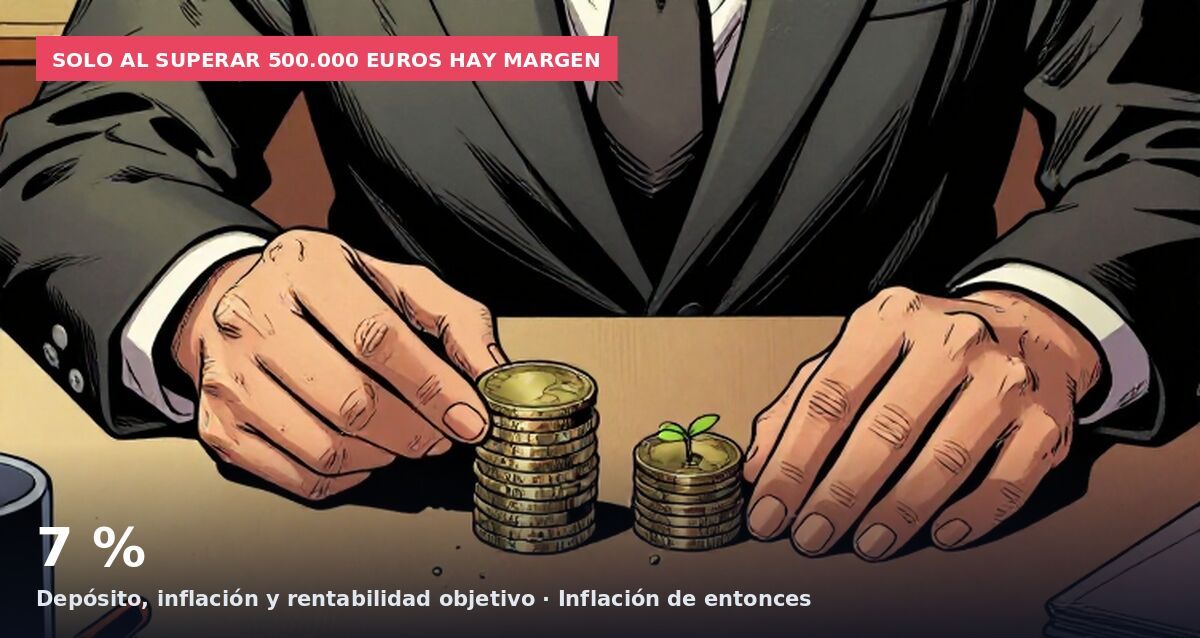 Solo al superar 500.000 euros hay margen: 7 % Depósito, inflación y rentabilidad objetivo · Inflación de entonces