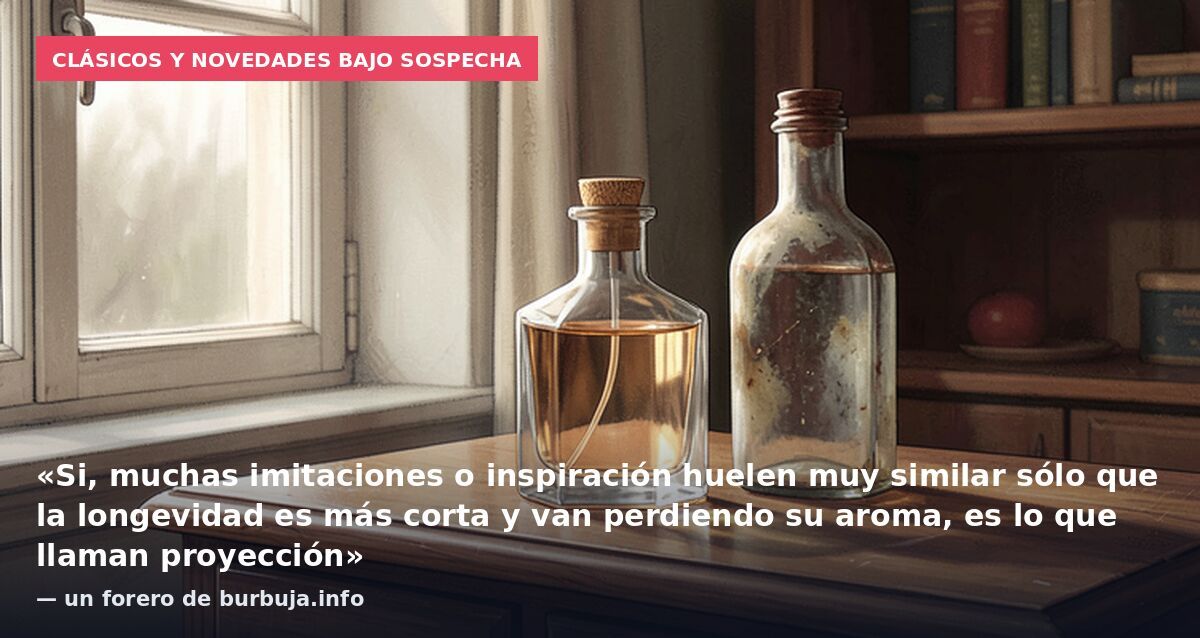 Clásicos y novedades bajo sospecha: «Si, muchas imitaciones o inspiración huelen muy similar sólo que la longevidad es más corta y van perdiendo su aroma, es lo que llaman proyección» — un forero de burbuja.info