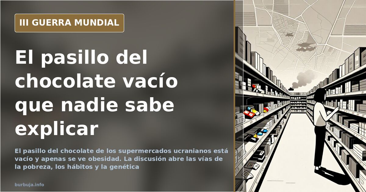Pasillo del chocolate y las galletas de un supermercado de Ucrania, con estanterías poco surtidas y sin compradores