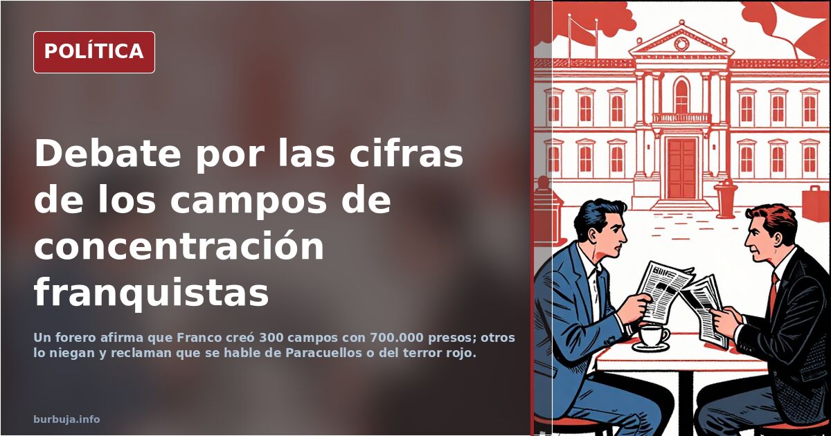 Ilustración editorial de un campo de concentración franquista con alambradas y siluetas de prisioneros, símbolo de la represi