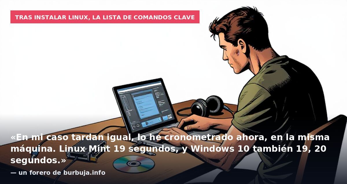 Tras instalar Linux, la lista de comandos clave: «En mi caso tardan igual, lo he cronometrado ahora, en la misma máquina. Linux Mint 19 segundos, y Windows 10 también 19, 20 segundos.» — un forero de burbuja.info