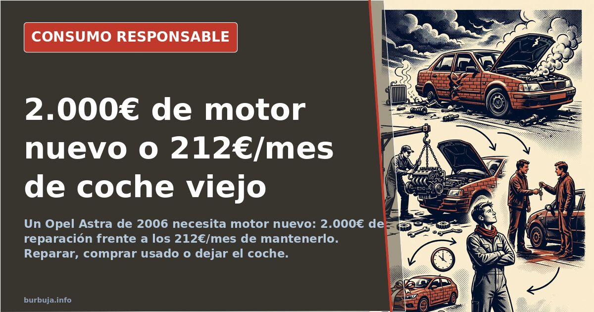 Coche averiado en un taller pendiente de cambio de motor y de la decisión de repararlo o venderlo