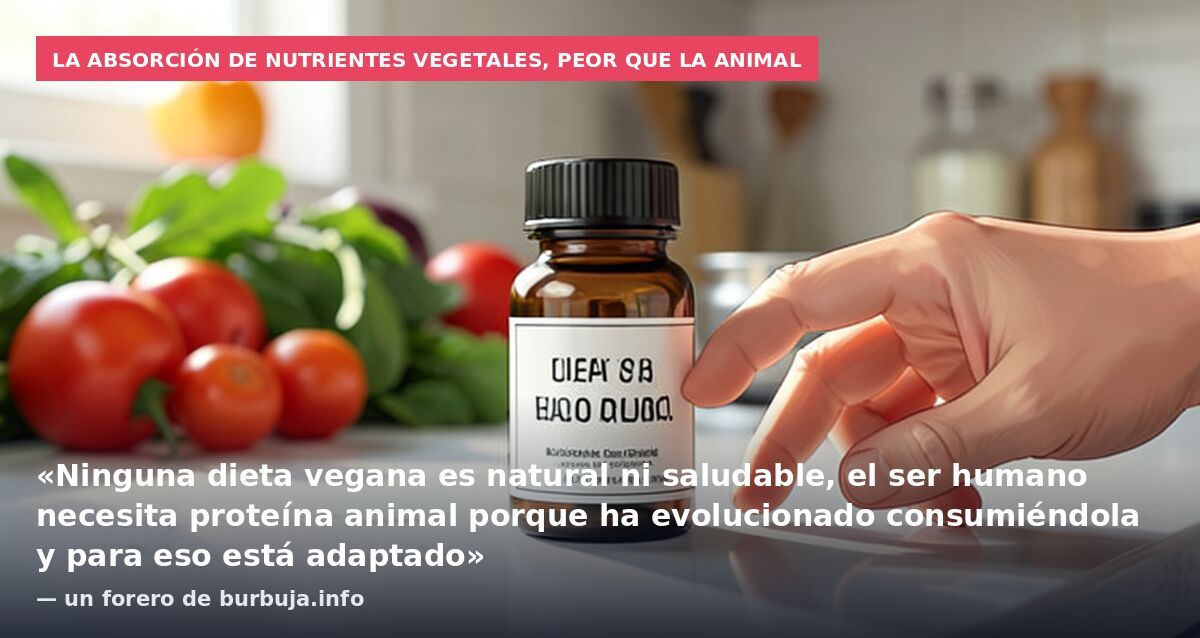 La absorción de nutrientes vegetales, peor que la animal: «Ninguna dieta vegana es natural ni saludable, el ser humano necesita proteína animal porque ha evolucionado consumiéndola y para eso está adaptado» — un forero de burbuja.info