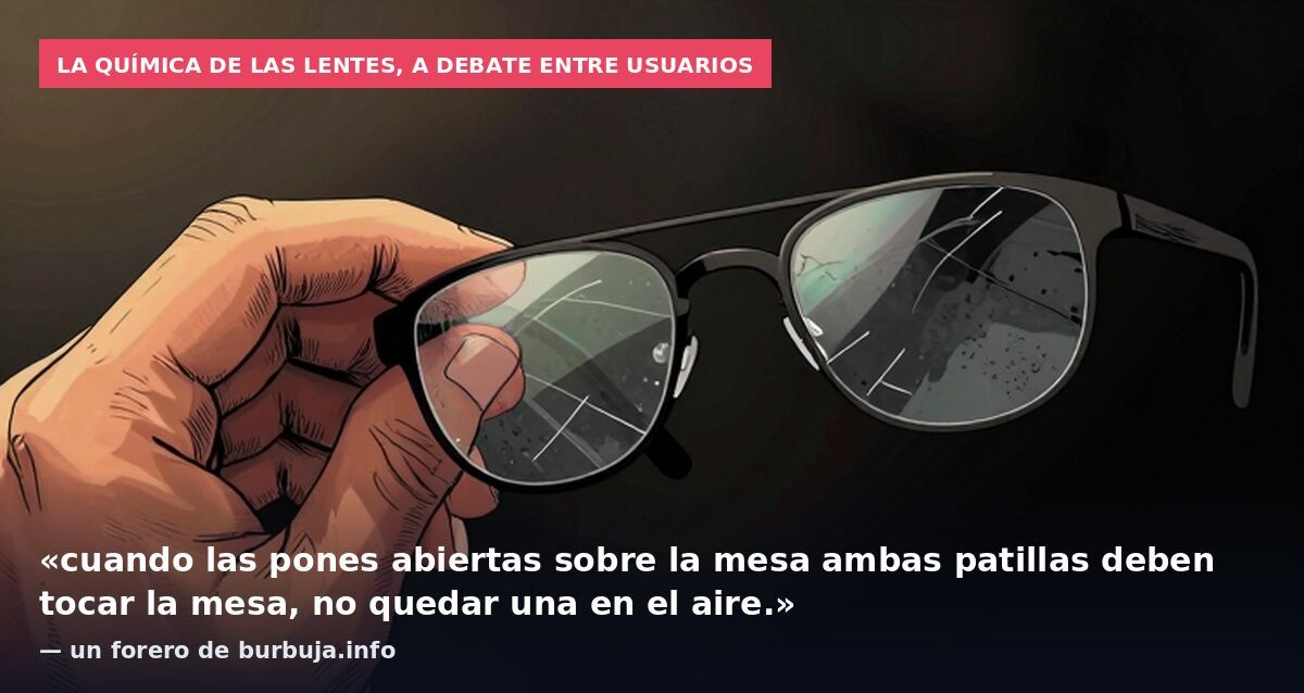 La química de las lentes, a debate entre usuarios: «cuando las pones abiertas sobre la mesa ambas patillas deben tocar la mesa, no quedar una en el aire.» — un forero de burbuja.info