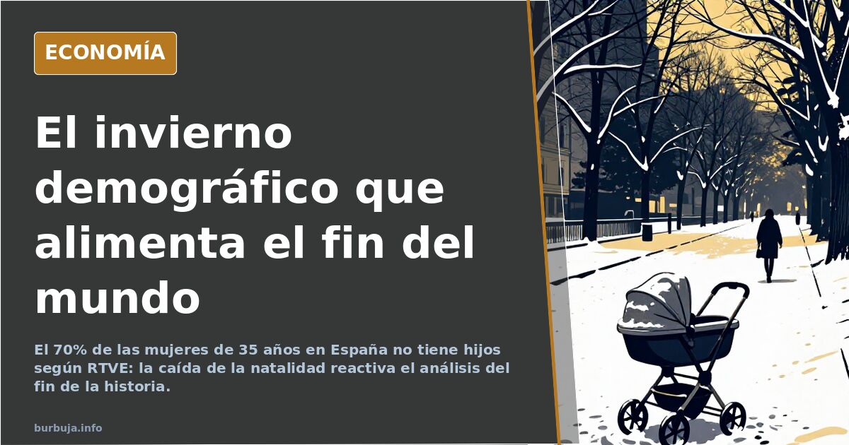 Ilustración editorial de un reloj de arena junto a gráficos de natalidad en descenso sobre un mapa